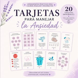 May include: A set of 20 printable cards in Spanish, designed to help manage anxiety. The cards feature various techniques and tips, with a lavender and purple color scheme. Text includes "Tarjetas para manejar la Ansiedad" and "Crea espacios de calma, contención y bienestar."