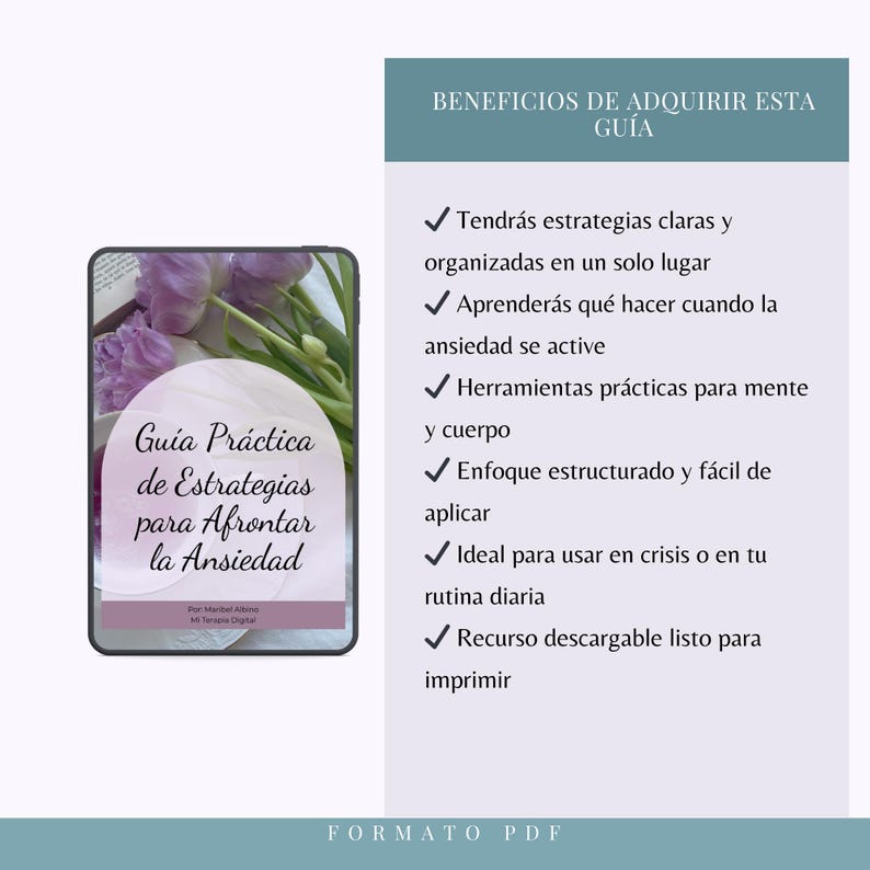 May include: A digital PDF guide titled "Practical Guide of Strategies to Face Anxiety" displayed on a tablet. The guide's benefits are listed, including clear strategies, tools for mind and body, and a structured approach.