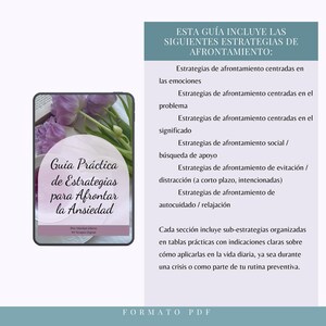 May include: A digital PDF guide titled "Practical Guide to Strategies for Coping with Anxiety." The cover features a floral design. The guide outlines coping strategies, including those focused on emotions, problem-solving, and self-care.