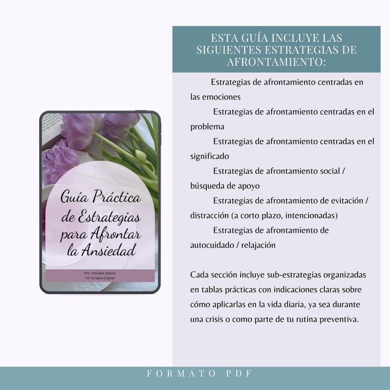 May include: A digital PDF guide titled "Practical Guide to Strategies for Coping with Anxiety." The cover features a floral design. The guide outlines coping strategies, including those focused on emotions, problem-solving, and self-care.
