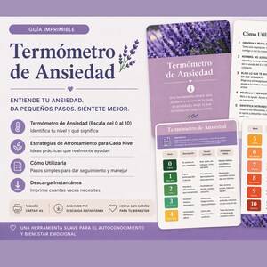May include: A printable guide titled "Anxiety Thermometer" in Spanish, featuring a lavender sprig design. The guide includes sections on understanding anxiety, coping strategies, and how to use the tool. It also has a scale from 0 to 10.