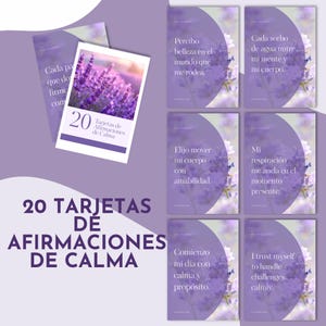 May include: A set of 20 affirmation cards for calmness, featuring a lavender field image on the front. The cards have affirmations in Spanish and English, with a purple and white color scheme. The text on the cards includes phrases like "I trust myself to handle challenges calmly."