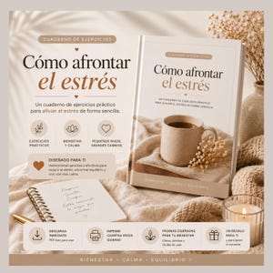 May include: A workbook titled Cómo afrontar el estrés featuring a cover image of a coffee mug on a textured fabric. The layout includes text, icons for practical exercises, wellness, and small steps, plus a spiral notebook with handwritten notes.