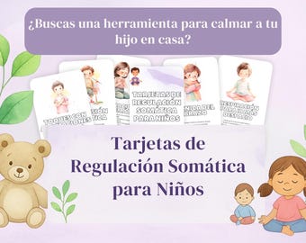 Peut inclure: Fond violet avec un ours en peluche, des feuilles et des illustrations pour enfants. L'image présente des cartes avec des illustrations et du texte en espagnol, dont "Tarjetas de Regulación Somática para Niños."