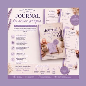 May include: A journal with the title "Journal de amor propio" in a lavender color scheme. The image includes a journal, a pen, a mug, and decorative elements. The journal's pages are visible, and the text includes "Mi rutina de bienestar" and "Afirmaciones".