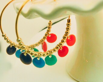 Enamel charm gold filled beaded rainbow gold hoop earrings