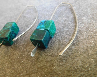 Natural Green earring/Azurite Chrysocolla earrings/Cube Bead earring/ Green earrings/ gift for her/ Boho/earring/sterling  silver earrings/