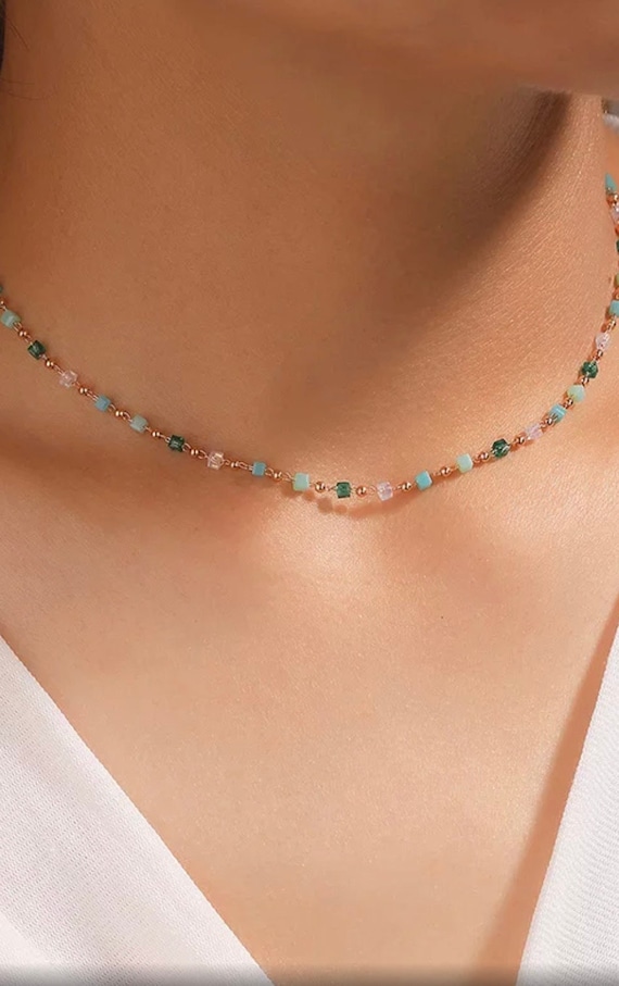 Dainty multicolored, gold, choker, semi precious stones