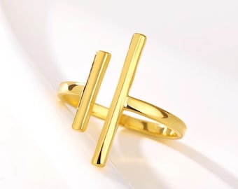 Asymmetrical double bar ring, Stacking gold ring, minimalist gold ring