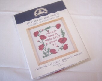 Counted Cross Stitch, DMC Creative World, Red Poppies Alphabet, DMC Kit XC0432-A, Red Poppies Sampler, 7 x 7 Inch Kit, Floral Sampler