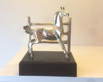 Horse and Fence, Equestrian Trophy, Horse Trophy, Horse Figurine, Single Horse Bookend, Foal Filly Yearling, Equestrian Design, Vintage