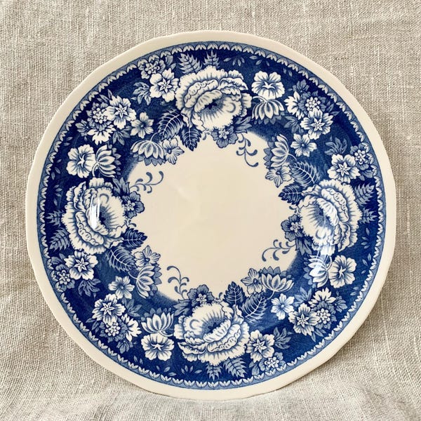 Masons Ironstone, Blue and White, Crabtree and Evelyn, Salad Plate, Blue Transferware, Floral Plate, Made in England, White Rose