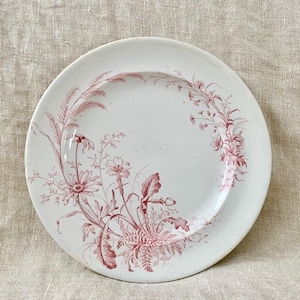May include: White ceramic plate with a red floral design. The plate features a detailed botanical pattern of flowers, leaves, and stems. The design is concentrated on the rim and center, creating a decorative aesthetic.