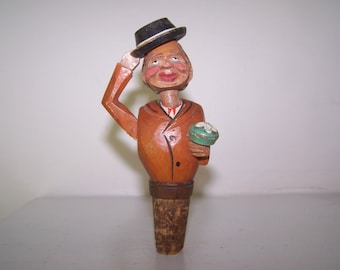 Anri Bottle Stopper, Gentleman w Flowers, Carved Wood, Mechanical Stopper, ANRI Bottle Cork, Man Tipping Hat, Wood Hat Tipper Cork