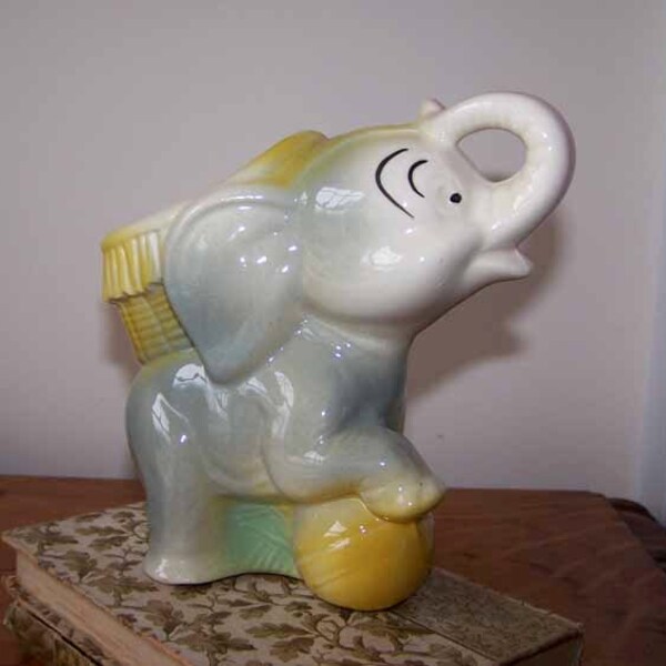 Royal Copley, Baby Circus Elephant, Pottery Planter, Grey Gray Elephant, Ball and Basket, Nursery Decor, Baby Shower Decor, Vintage