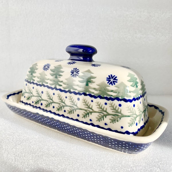 Ceramika Boleslawiec, Polish Pottery, Covered Butter Dish, Evergreen Trees, Blue Snowflakes, Polish Butter Dish, Blue and Green, Vintage