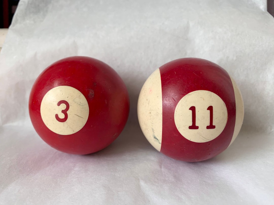 2 Vintage Pool Balls, Red Pool Ball 3, Vertical Stripe Ball, Red Stripe