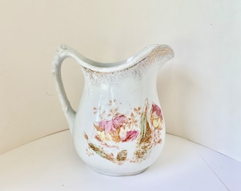 Ironstone Pitcher, Distressed Stained, Willets Manufacturing, Floral Transferware, Brown and Pink, Vintage, Green Yellow, Country Cottage