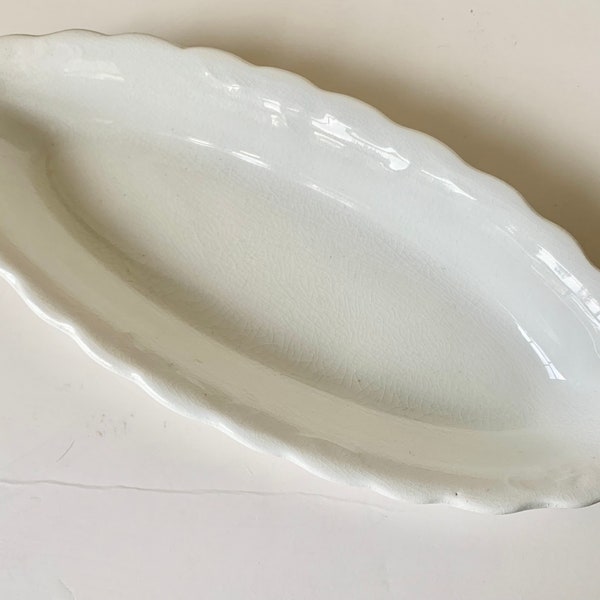 New Jersey China, Oval Scalloped Dish, Heavy Crazing, 12 x 5 Oval Dish, White Ironstone Dish, Vintage, Oval Shallow Bowl, Small Serving Dish