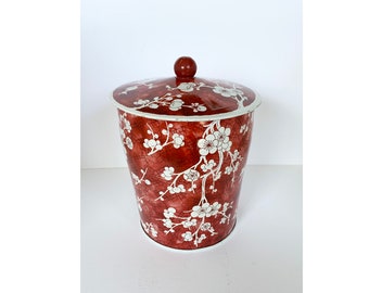 Daher Tin Box, Red and White, Cherry Blossom, 6 Inch Canister, Made in England, Metal Jar Box, Finial Lid Container, Vintage Trinket Box