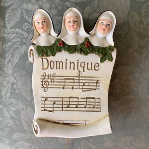 Dominique Chalkware, Music Box, Wall Hanging, 3 Musical Nuns, Vintage, Christmas Decor, Nun Figurine, Singing Sisters,