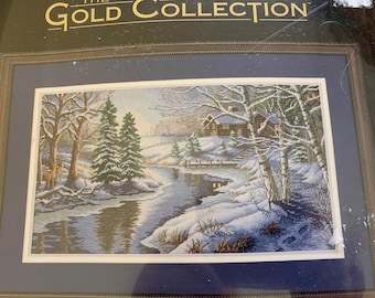Golden Collection, All Is Calm, Dimensions 3885, Counted Cross Stitch, Winter Landscape, Vintage, Unopened Kit 3885, Log Home on River,