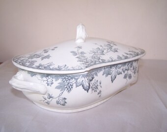 Johnson Brothers, Hops Pattern, Blue Gray Transfer, Covered Vegetable, Serving Piece, English Transferware, Johnson Bros China