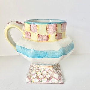 MACKENZIE CHILDS, Wallcourt Pattern, Pottery Mug, Victoria and Richard, Pedestal Mug, Turquoise Stripes, Red Yellow Check, Footed Mug