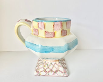 MACKENZIE CHILDS, Wallcourt Pattern, Pottery Mug, Victoria and Richard, Pedestal Mug, Turquoise Stripes, Red Yellow Check, Footed Mug