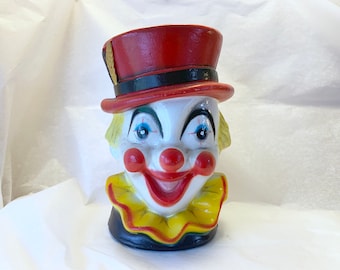 Circus Clown Bank, Plastic Coin Bank, Circus Theme, Mahar Mfg Corp, Hong Kong, Vintage, Plastic Piggy Bank, Red Blue Yellow,