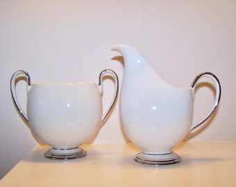 White and Silver, Sugar Creamer Set, Footed Creamer, Footed Sugar Bowl, Organic Design, Trophy Shape, Vintage, Mid Century Modern