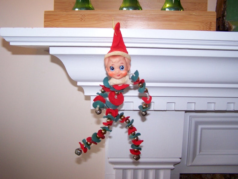 Vintage Felt and Bead Red and Green Beaded Felt Elf Poseable Elf Christmas Elf Knee Hugger Christmas Pixie Christmas Decoration