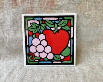 Modern Fruit, Colorful Pop Art, Decorative Tile, Ceramic Trivet, Red Apple, Vintage, Stained Glass Look, Pink Grapes, Green Leaves