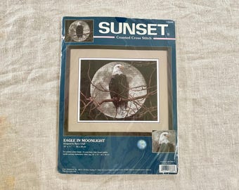 Sunset Kit 13688, Eagle in Moonlight, Counted Cross Stitch, American Eagle, Moon Branches, 2001 Vintage, Barry Chall, 14 count black Aida