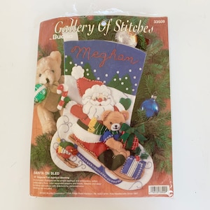 Bucilla Christmas, Christmas Stocking, Gallery Of Stitches, Santa on Sled, Felt Stocking Kit, Christmas Craft, Felt Sequin Bead