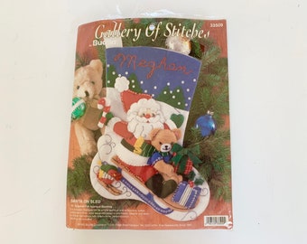 Bucilla Christmas, Christmas Stocking, Gallery Of Stitches, Santa on Sled, Felt Stocking Kit, Christmas Craft, Felt Sequin Bead