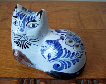 Blue Tonala Cat, Folk Art, Blue Pottery Cat, Mexican Pottery, Cat Sculpture, Stoneware Cat, Cat Figurine, Art Pottery, Reclining Cat, Sl
