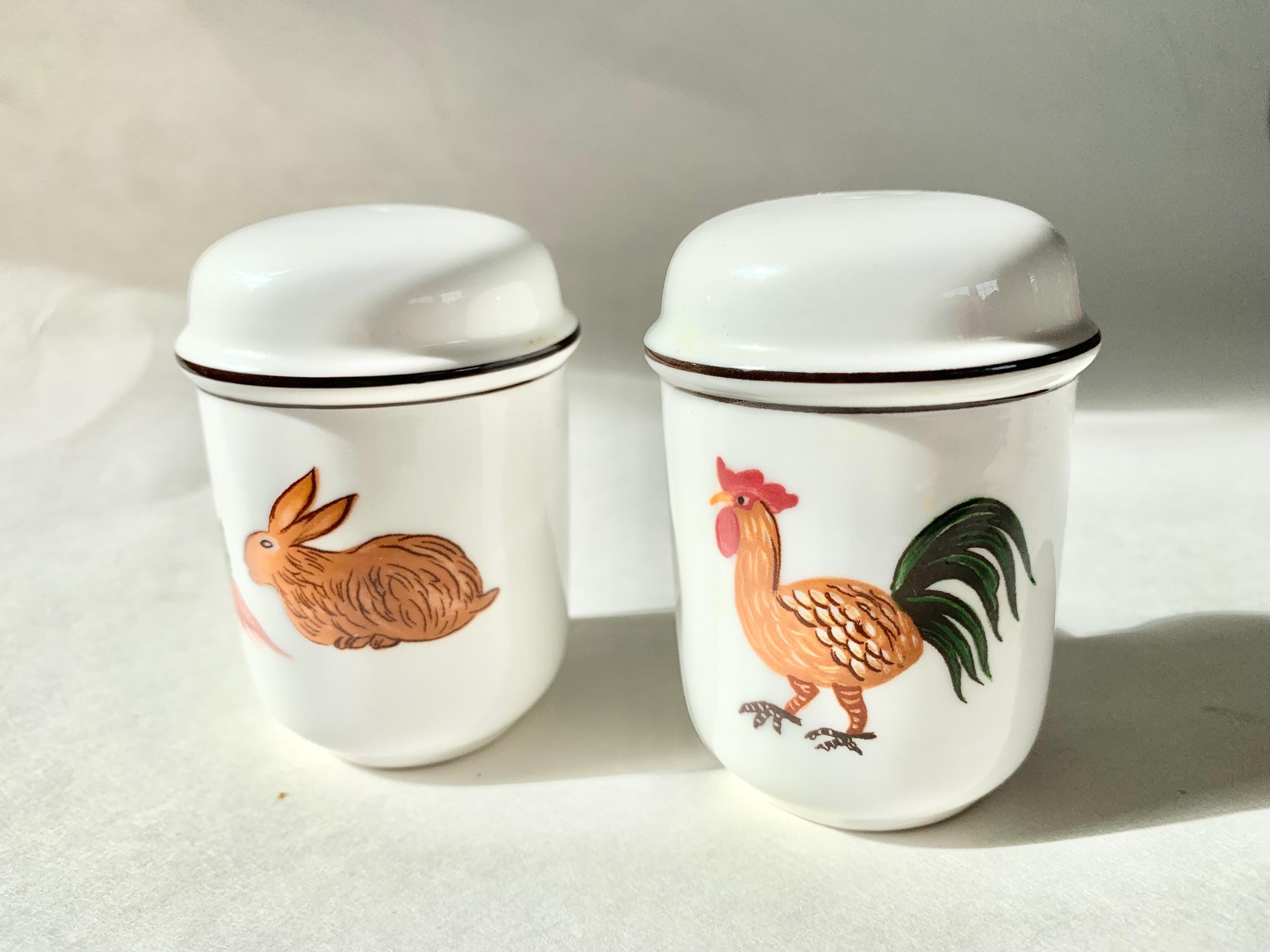 Villeroy and Boch, Naif Design, Gerard LaPlau, Salt Pepper Shaker, Rabbit w Carrots, Barnyard Rooster, Mallard Duck, Porcelain Dishware