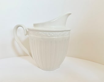 Mikasa Stoneware, Italian Countryside, 8 Oz Creamer, Ribbed Design, Scrolly Band, Vintage, White on White, Creamy White, 1990s Dishware