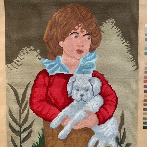 Vintage, Portrait Boy w Dog, Finished Needlepoint, Thomas Gainsborough, 14 x 18 Inch, Finished Canvas, Romantic Portraitist, Young Man Dog