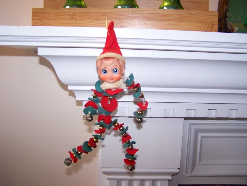 Vintage Felt and Bead Red and Green Beaded Felt Elf Poseable Elf Christmas Elf Knee Hugger Christmas Pixie Christmas Decoration