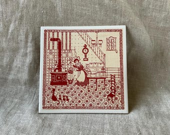 Vintage, Gracious Living, Decorative Tile, Designed Tiles NYC, French Maid, Cat and Kittens, Old Fashioned, Kitchen Scene, Cottagecore