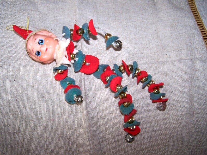 Vintage Felt and Bead Red and Green Beaded Felt Elf Poseable Elf Christmas Elf Knee Hugger Christmas Pixie Christmas Decoration