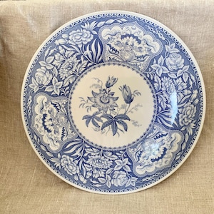 May include: A round, white ceramic plate with a blue floral design. The plate features a central floral motif surrounded by ornate patterns and a detailed border. The design includes roses and other flowers.