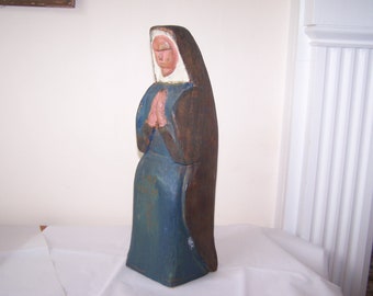 Carved Wood Nun, Wooden Figurine, 14 Inch Wood Nun, Hand Carved, Hand Painted, Primitive Style, Wooden Nun, Blue Nun, Vintage, Handcarved