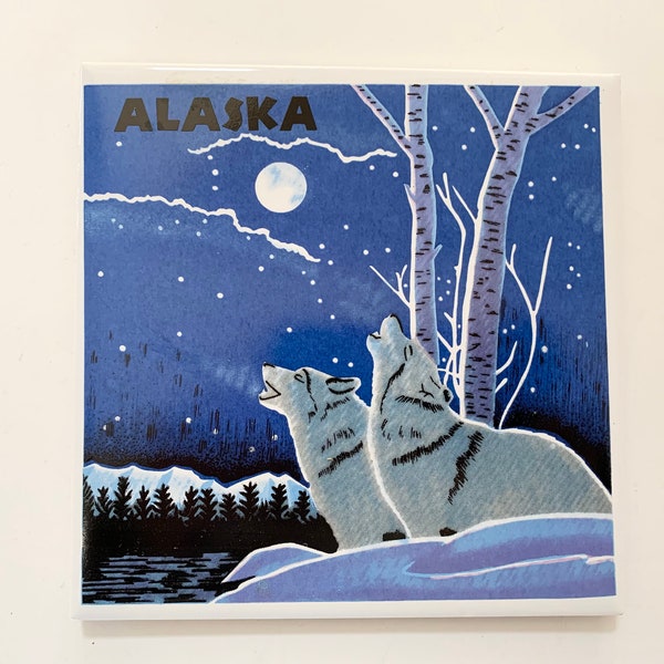 Vintage, Alaska Tile, Alaskan Souvenir, Howling Wolf, Travel Memento, Night Landscape, Hand Decorated, Birch Trees, Ceramic Tile Trivet