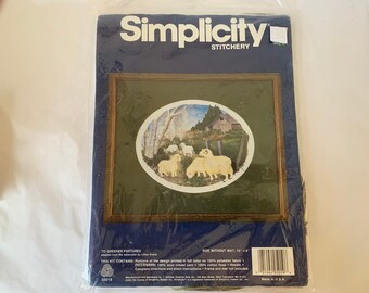 Simplicity Stitchery, To Greener Pasture, Kit 05019, Grazing Sheep, Weathered Gray Barn, 10 x 8 Inches, Lillian Evans, Embroidery Kit, Birch