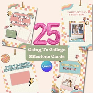 Cartes d'étapes universitaires rétro de première année – Pack de 25 numériques // Cadeau de départ pour l'université // Cartes d'étapes importantes pour l'université
