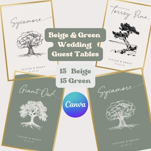 Cartões de mesa de casamento Forrest / Números de mesa de árvore da Califórnia / Bege e verde