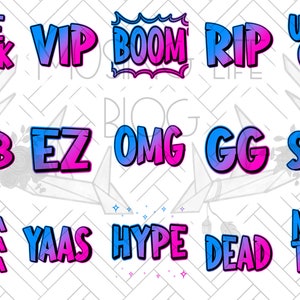 May include: A set of 15 digital overlays with text in a comic book style. The text is in pink and blue with a gradient effect. The text includes phrases like "vibe check", "VIP", "boom", "rip", "umm ok", "sub", "ez", "omg", "gg", "sus", "haha", "yaas", "hype", "dead", and "nice try".